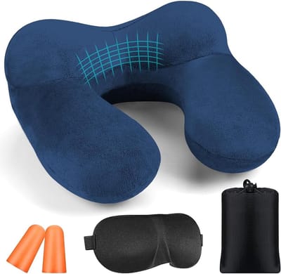 Ergonomisch Reiskussen met Oordopjes - Opblaasbaar Zacht Kussen voor Vliegtuig, Auto en Camping