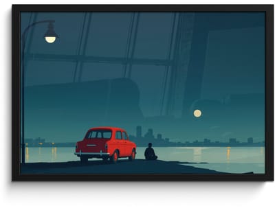Poster in lijst - Fotolijst 60x40 cm - Posters - Auto - Volle maan - Uitkijkend over water - Posterlijst zwart - Decoratie - Wanddecoratie woonkamer - Muurdecoratie slaapkamer