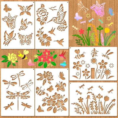 Dailygoods- Bloemensjablonen Set van 6 - Grote Stencils - Vlindersjablonen - Houten Hek - Duurzaam PET-Materiaal - Creatieve Decoratie - Schilderstencils