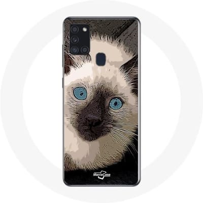 Samsung Galaxy A21S Hoesje Zwart-witte Siamese Kat met Blauwe Ogen