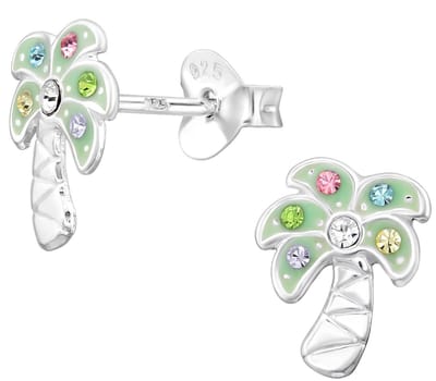 Joy|S - Zilveren palmboom oorbellen - 7 x 9.5 mm - zilver met gekleurde kristalletjes - kinderoorbellen