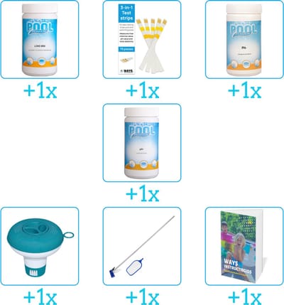 Zwembad Onderhoudspakket - Onderhoud Zwembad - bevat Chloor - Testrips - PH-min - PH-plus - Chloordrijver - Schoonmaakset en Zwembadgids (7-delig)