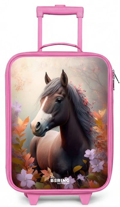NoBoringSuitcases.com® - Kinderkoffer roze - Kindertrolley meisje - Bruin paard in de herfst - Koffer kind lichtgewicht - Reiskoffer trolley voor kinderen - Koffertje met lichtgevende wieltjes - Rolkoffer