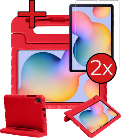 Hoesje - Geschikt voor Samsung Galaxy Tab S6 Lite - Met 2x Screenprotector - Kinderhoes - Shockproof Bumper - Kidsproof Case - Tablethoes - Kinder Hoes Cover - Rood