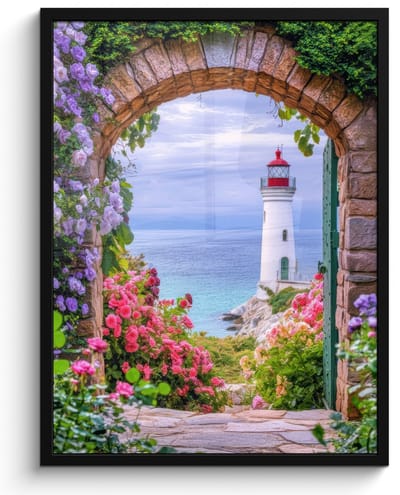 Poster in lijst - Fotolijst 50x70 cm - Posters - Doorkijk - Vuurtoren - Bloemen - Uitzicht - Posterlijst zwart - Decoratie - Wanddecoratie woonkamer - Muurdecoratie slaapkamer