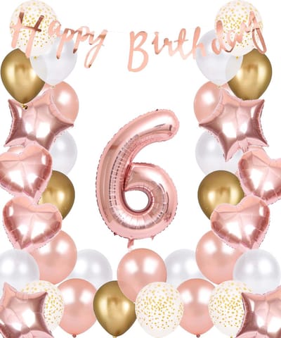 Snoes Ballonnen 6 Jaar Rose Gold White Dots - Compleet Feestpakket met cijfer ballon 6 Jaar - Verjaardag Versiering Slinger Happy Birthday – Folieballon – Latex Ballonnen - Helium Ballonnen - Rose Feestpakket