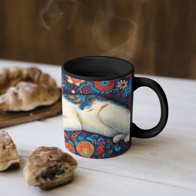 Magische Mok - Foto op Warmte Mokken - Koffiemok - Kat - Bloemenpatroon - Blauw - Oranje - Magic Mok - Beker - 350 ML - Theemok