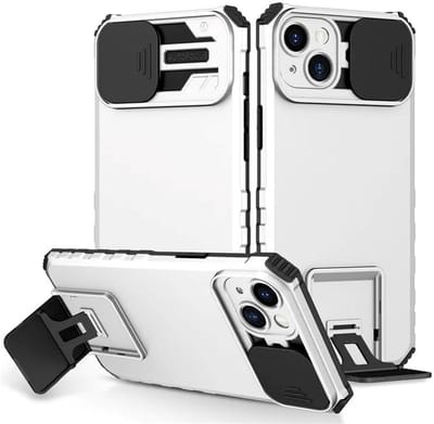 Cityhoesje - iPhone 15 Plus-14 Plus- Slide Camera Lid – BackCover - Anti-drop Kickstand - Wit