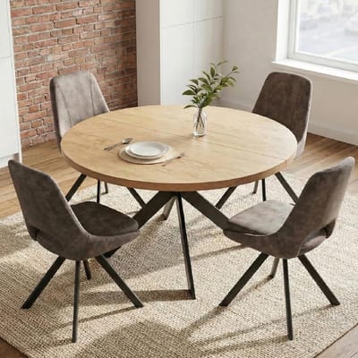 Eettafel Set Rond 115 cm met 4 Fluwelen Stoelen – Eikenlook Tafelblad & Zwarte Spiderpoten – Moderne 4 Persoons Eetkamerset – Hittebestendig & Krasvast – Laura