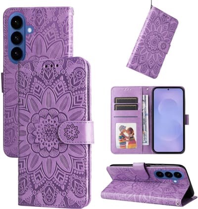 BoekCover Hoes Etui geschikt voor Samsung Galaxy S26 - Paars - Bloem-Motief in Reliëf