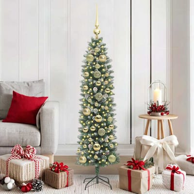 vidaXL Kunstmatige slanke kerstboom Groen en Wit 150 cm