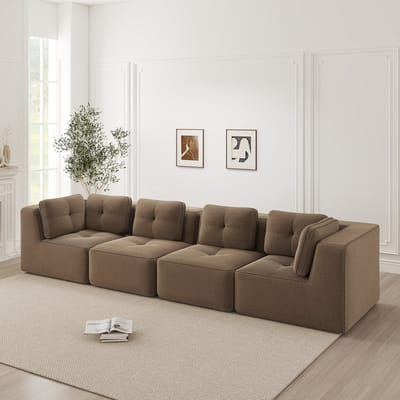 MODENUIT Hoekbank 4-Zits - Modulair met Brede Armleuningen en Antislip Voeten - Voor Woonkamer - Ribstof Bruin