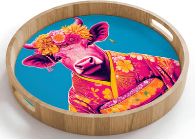 Dienblad rond 40x40 cm - Schootdienblad hout - Koe - Bloemenkrans - Oorhangers - Kimono - Borrelplank rechthoek - Plateau houten dienbladen