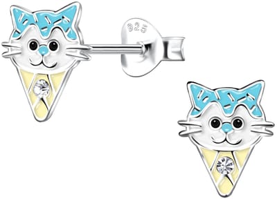 Joy|S - Zilveren kat ijsje oorbellen - turquoise geel - kristal - 7 x 9 mm - kinderoorbellen