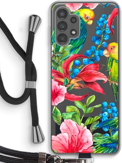 Case Company® - Hoesje met koord geschikt voor Samsung Galaxy A13 4G hoesje met Koord - Papegaaien - Telefoonhoesje met Zwart Koord - Bescherming aan alle Kanten en Over de Schermrand