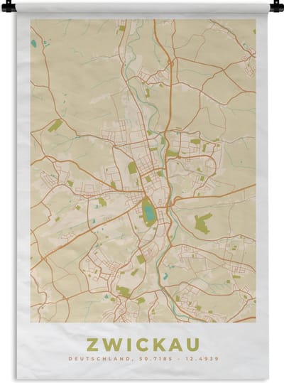 Wandkleed - Wanddoek - Plattegrond - Zwickau - Kaart - Vintage - Stadskaart - 120x180 cm - Wandtapijt