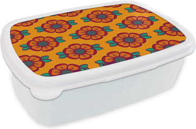 Broodtrommel Wit - Lunchbox Design - Retro - Rozen - Oranje - Brooddoos 18x12x6 cm - Brood lunch box - Broodtrommels voor kinderen en volwassenen