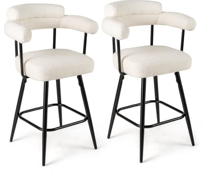 COSTWAY Barkruk, set van 2, baliekruk, 360 graden draaibaar, zithoogte 69 cm, houten kruk met voetensteun, bistrokruk gevoerd, keukenkruk met gebogen rug en armleuningen, modern (wit)