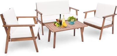 COSTWAY 4-delige tuinmeubelset, balkonmeubels van acaciahout, terrasmeubels met zit- en rugkussens, balkonset incl. 2 stoelen, bank & tafel, zitgroep, zitgarnituur, tuingarnituur (wit)