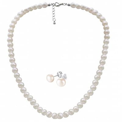 2-Delige set- Ivoor 8 mm Parelketting 35 cm - Zilveren oorbellen-synthetische - Charme Bijoux
