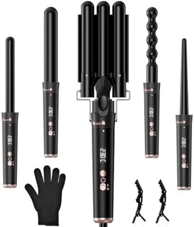 5-in-1 Multifunctionele Krultang Set met LCD Display, Instelbare Temperatuur 160-230°C, Keramische Toermalijn Krultang met Handschoen en Klemmen voor Professionele Haartyling