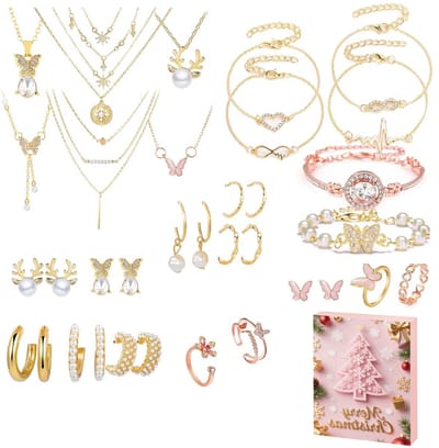Adventskalender Sieraden – 24-Delige Set – Verrassingsarmbanden, Kettingen En Oorbellen – Verstelbare Sieraden Voor Dames En Meisjes – Roségouden Cadeaukalender