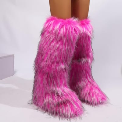 Dames Knielange Fuzzy Faux Fur Laarzen - Zacht, Warm en Comfortabel Instapmodel met Platte Hak Dames Pluche Warme Plateauschoenen 42 pink