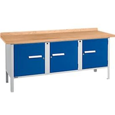 Box-type werkbank Schäfer Shop Select PW 200-3, beuken multiplex blad, tot 750 kg, B 2000 x D 700 x H 840 mm, gentiaanblauw