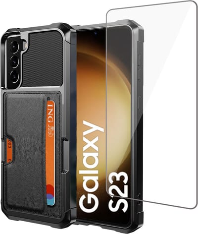 Pasjes houder Hoesje geschikt voor Samsung S23 Plus + Screenprotector voor Samsung S23 Plus - Heavy Duty Case - Magnetisch Portemonnee Hoesje Cover - Gehard Glas Cover - Zwart