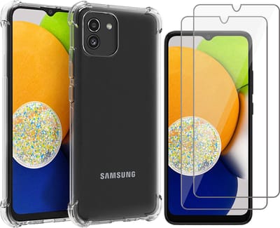 Hoesje geschikt voor Samsung A03 - Anti Shock Proof Siliconen Back Cover Case Hoes Transparant - 2x Tempered Glass Screenprotector