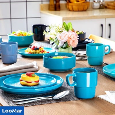 LooMar Luxe Serviesset – 16 delig – 4 persoons – Porselein - Bordenset – Dinner platen – Dessertborden - Kommen - Mokken - Set - Blauw - Zwart