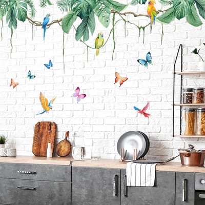 Tropische muurstickers met groene bladeren, bloemen en planten voor slaapkamer, woonkamer en kantoordecoratie