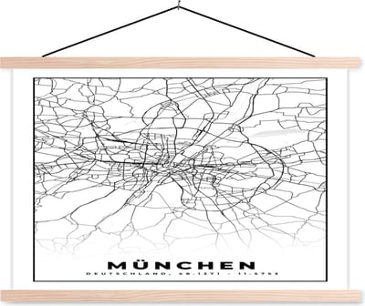 Posterhanger incl. Poster 90x60 cm - Schoolplaat - München - Plattegrond - Kaart - Stadskaart - Textielposter - Blanke latten - Stadskaart