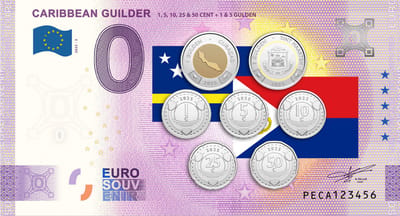 0 Euro biljet Nederland 2025 - Caribbean Guilder 1, 5, 10,25 & 50 Cent + 1 & 5 Gulden KLEUR
