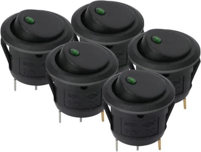 TLVX 5 stuks Schakelaar Rond Zwart met Groen lampje – LED indicator - Wipschakelaar - Aan/Uit – Tuimelschakelaar – Groene LED lamp – Inbouwschakelaar - ON/OFF schakelaar – 12Volt – Max. 20A – 21mm Diameter – Auto – Boot – Caravan – Camper