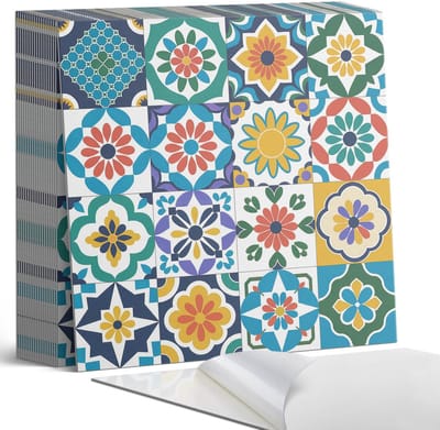 Coloray Plaktegels - Bloemen- en geometrische patronen Zelfklevende Tegels - 20 cm x 20 cm - Geel Plaktegels - 20 stuks - Vierkant PVC Tegels - Plaktegels Badkamer - Plaktegels Vloer - Vinyltegels Vloer Zelfklevend - Wandtegel Zelfklevend