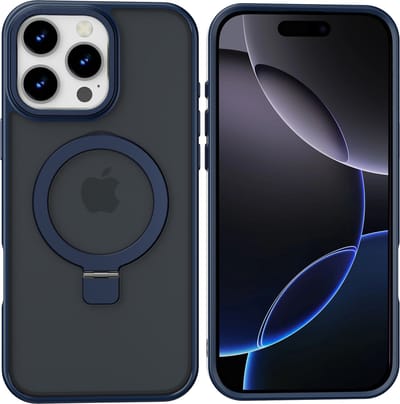 Hoesje Geschikt voor iPhone 16 Pro Magsafe hoesje - hard backcover - Magnetische Standaard - Ringhouder - Mat Transparant / Blauw
