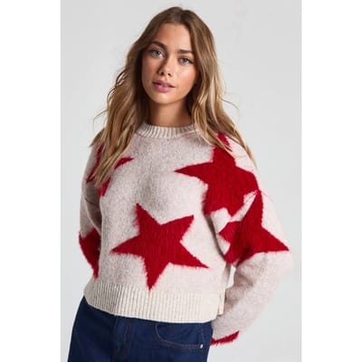 boohoo Dames Ronde hals pluizige gebreide trui met sterrenprint | Red | Maat: Small