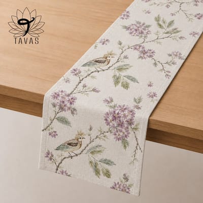Tavas Tafelloper - 40 x 140 cm - Crèmewit - Vogel op Tak - Tafeldecoratie - Tafelkleed - Tafellaken - Katoen