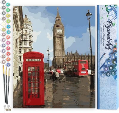 Figured'Art Schilderen op Nummer Volwassenen canvas Rode telefooncel in Londen - Handwerk acrylverf Kit DIY Compleet - 40x50cm zonder frame