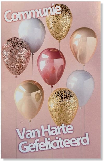 Communie Wenskaart Ballonnen - 12x17cm - Gevouwen kaart inclusief envelop - Communiekaart