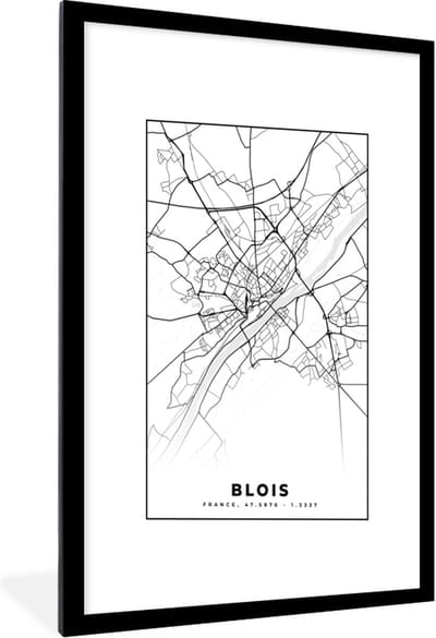 Fotolijst incl. Poster Zwart Wit- Kaart - Stadskaart - Frankrijk - Blois - Plattegrond - Zwart wit - 60x90 cm - Posterlijst