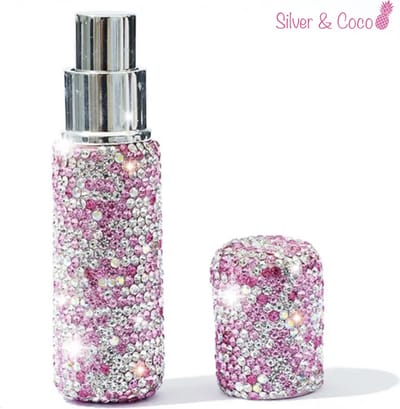 SilverAndCoco® - Glitter Parfum Verstuiver Navulbaar Fles | Klein Mini Hervulbaar Spray Zilveren Glamour Flesje | Sinterklaas Kerst Schoen Cadeautje - 5ml / Roze Zilver Diamantjes Steentjes