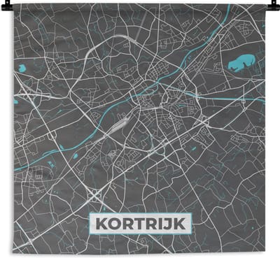 Wandkleed - Wanddoek - België – Kortrijk – Stadskaart – Kaart – Blauw – Plattegrond - 180x180 cm - Wandtapijt