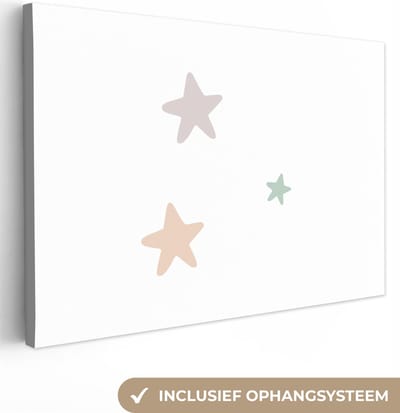 Canvas kinderen - Slaapkamer decoratie - Sterren - Pastel - Wit - Patroon - Muurdecoratie kinderkamer - Schilderij voor kinderen - 30x20 cm - Canvasdoek Kids