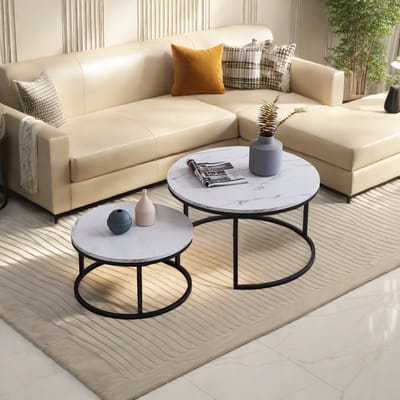 Set van 2 moderne ronde salontafels, stapelbaar, eigentijds meubel voor de woonkamer, wit blad, goud of zwart frame, grote tafel 80 x 80 x 45 cm, kleine tafel 60 x 60 x 33 cm