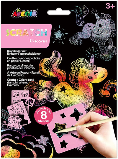 AVENIR Scratch Art - Eenhoorn - 17X23X0,5Cm - Met 8 Sjablonen - 3 Jaar