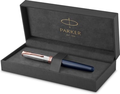 Parker Sonnet rollerbalpen | Intrepid Journeys Collection, Mt. Fuji Edition | Blauwe lak en massief zilver met rosé gouden details | Fijne penpunt met zwarte inkt | Geschenkverpakking