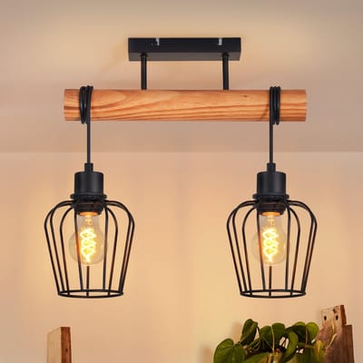 NETTLIFE Vintage Plafondlamp – Hout & Metaal – Zwart – 2-lichts Industrieel – Voor Gang Keuken Woonkamer Eetkamer – Zonder Lamp