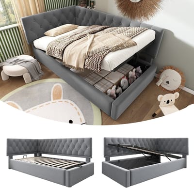 COVREO Bedbank met opbergruimte – 90x190 cm – Daybed met L-hoofdbord – Eenpersoons kinderbed – Grijs - zonder matras